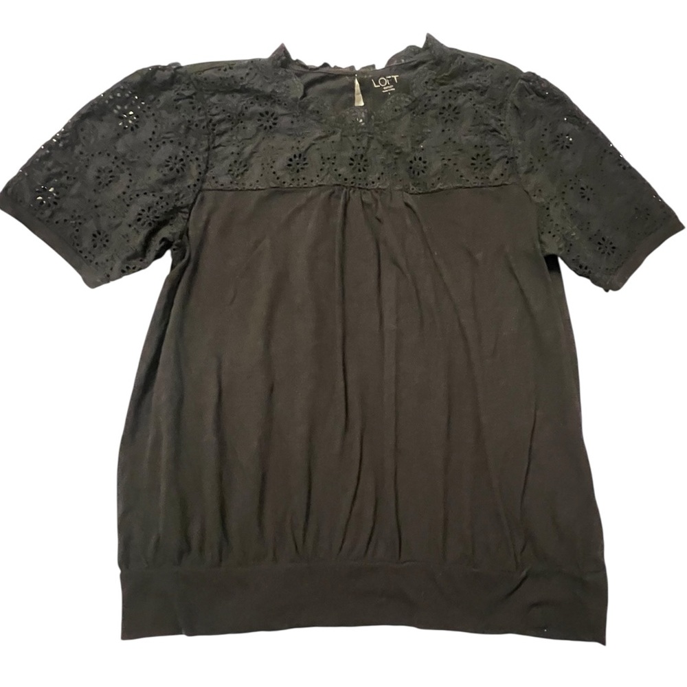 LOFT Black Short Sleeve Tee with Eyelet Detail Size L